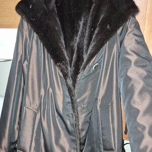 Elegant Black/Brown Reversible Real Mink Fur Coat with Hood sz XL Women's Coat
